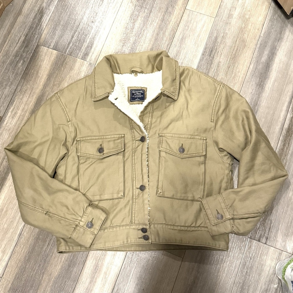 Abercrombie & Fitch Y2K Khaki Sherpa-Lined Cropped Twill Workwear Jacket Sz L